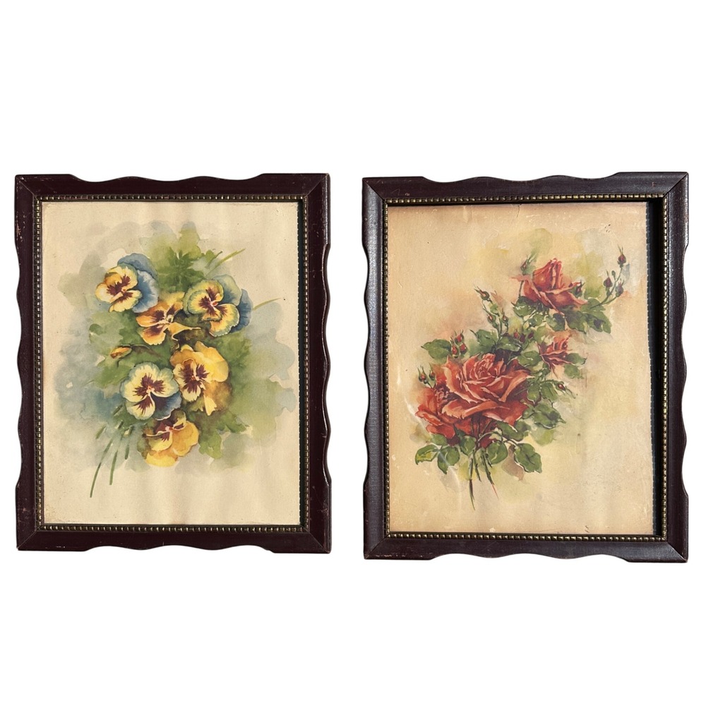 Vintage Floral Framed Prints Set of 2 Roses Pansies Scalloped Wood Frames 10x12